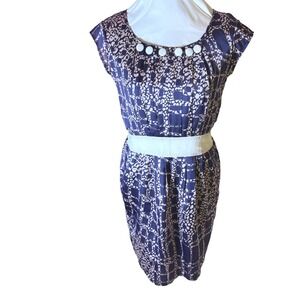 Vintage Navy Blue Print Dress White Buttons Belted Sleeveless Casual Career SZ S